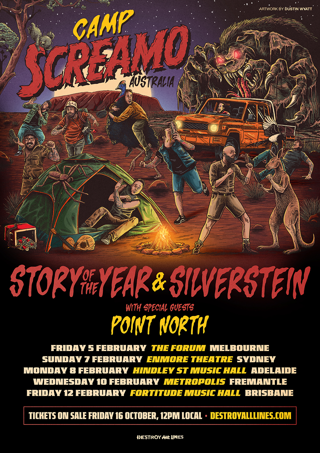Camp Screamo tour poster for Story of the Year and Silverstein featuring illustrated Outback camping artwork with special guests Point North.